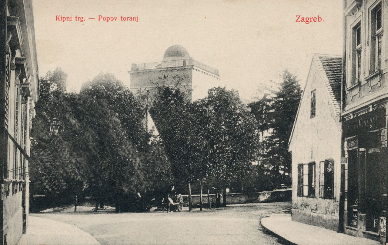 Kipni trg (današnji Ilirski trg) oko 1910. godine. Zvjezdarnica, Popov toranj